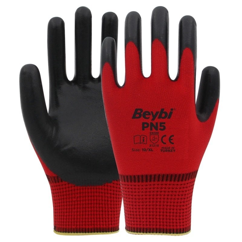 Beybi PN5 Polyester Örme Nitril Eldiven Kırmızı-Siyah No 10