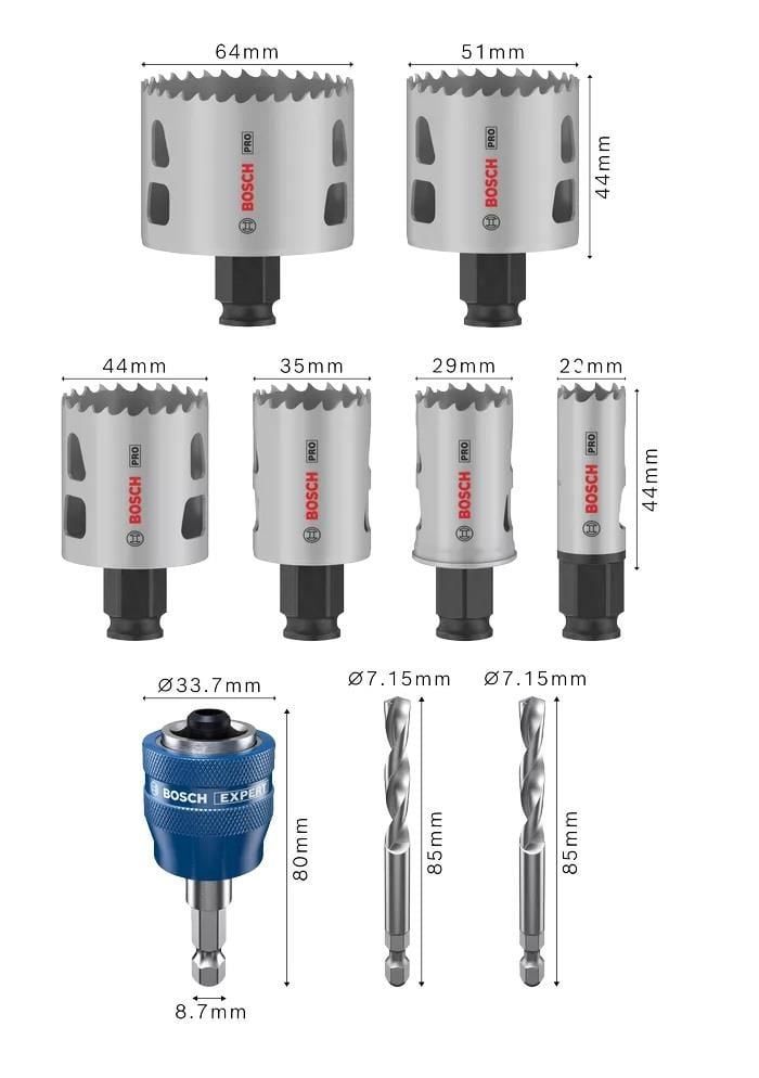 Bosch Aksesuar PRO Multi Material PC-Plus Delik Açma Testeresi Set 9 Parça (22-29-35-44-51-64 Çap / 44 mm Yükseklik)