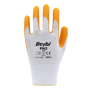 Beybi Pn2 Polyester Astarlı Örme Nitril Kaplı Eldiven Sarı-Beyaz No 09