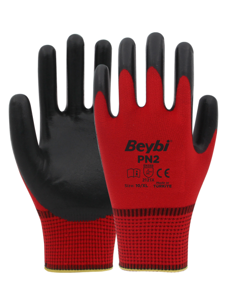 Beybi Pn2 Polyester Astarlı Örme Nitril Kaplı Eldiven Kırmızı-Siyah No 10