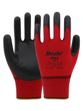 Beybi Pn2 Polyester Astarlı Örme Nitril Kaplı Eldiven Kırmızı-Siyah No 10