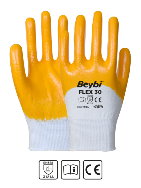 Beybi Flex 30 Pamuk Görünümlü Polyester Örme Eldiven Beyaz-Sarı No 09