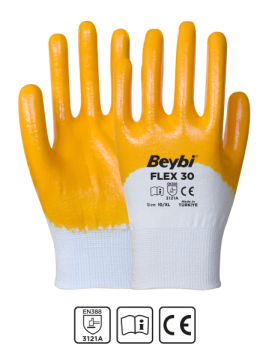 Beybi Flex 30 Pamuk Görünümlü Polyester Örme Eldiven Beyaz-Sarı No 09