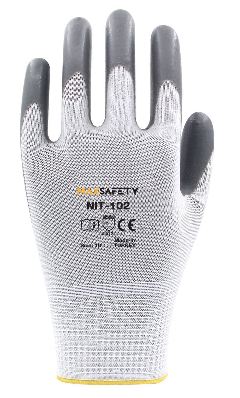 Maxsafety Nitril Kaplı Eldiven (Gri - Beyaz) No: 8 - 9 - 10 - MXNIT-102-10