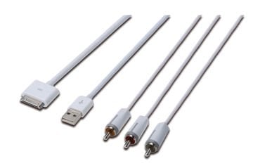 Assmann Digitus Apple Audio/Video Bağlantı Kablosu, Apple 30Pin Erkek - 3 X Rca Erkek + Usb A Erkek, 1.5 Mt, Komposit Audio/Video, Usb 2.0 Uyumlu, Ul, Beyaz Renk