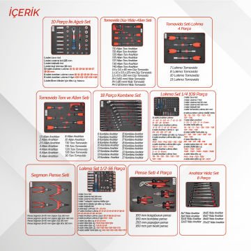 Brio Hareketli Tekerlekli Takım Dolabı Takım Arabası 6 Çekmeceli Kilitli Pro Ss 258 Parça Kırmızı Dolu
