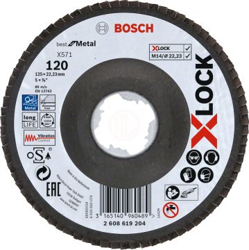 Bosch X-Lock Zirkon Flap Zımpara Diski X571 Best For Metal (Fiber Tabanlı) Bombeli 125x22,23 mm 120 Kum - 2608619204