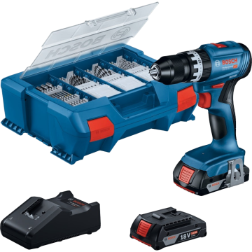 Bosch Gsb 18V-45 Çift Akülü 2.0 Ah Darbeli Vidalama + 63 Parça Aksesuar Seti