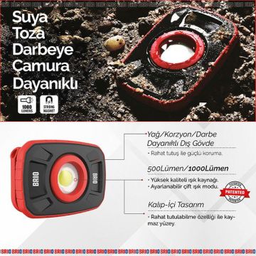 Brio Usb Şarjlı Suya ve Darbeye Dayanıklı, Ayarlanabilir Işıklı, Mıknatıslı, Askılı, Led Fener, Led Lamba 1000 Lümen Güçlü Işık