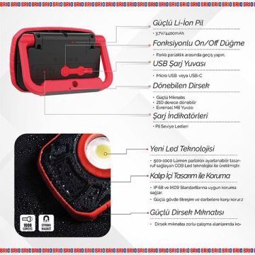 Brio Usb Şarjlı Suya ve Darbeye Dayanıklı, Ayarlanabilir Işıklı, Mıknatıslı, Askılı, Led Fener, Led Lamba 1000 Lümen Güçlü Işık