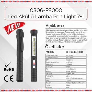 Brio Mıknatıslı Kalem Led Lamba Micro Usb Girişli Oto Tamirci Lambası, El Feneri 7+1 Kalem Lamba