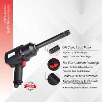 Brio Havalı Somun Sökme 1'' Uzun Paso 2034 Nm Çift Çekiç 4,42 Kg