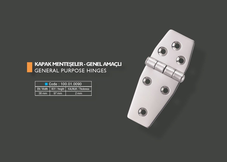 Armetal Sabit Kapak Tipi Menteşe Polisajlı 304 Kalite 38X97X2,0 Mm (Kısa Köşeli - Uzun Köşeli)
