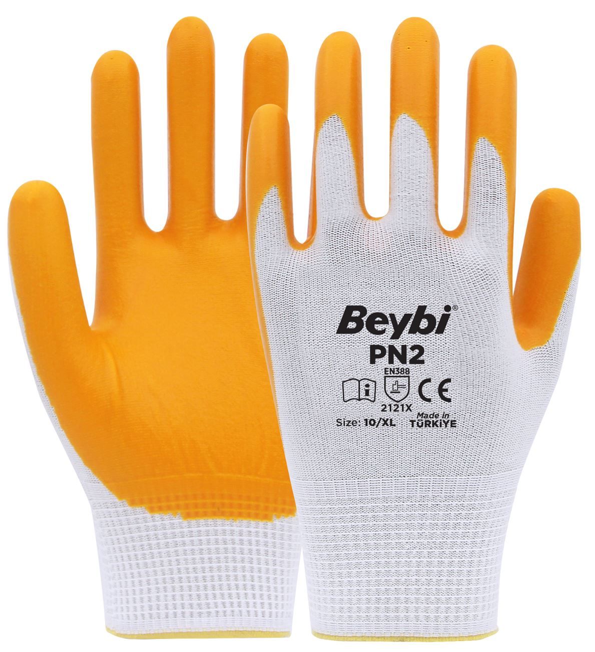 Beybi PN2 Polyester Astarlı Örme Nitril Kaplı Eldiven Sarı-Beyaz No 10