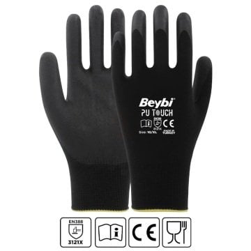Beybi PU Touch Poliüretan Kaplı Eldiven Siyah No 10