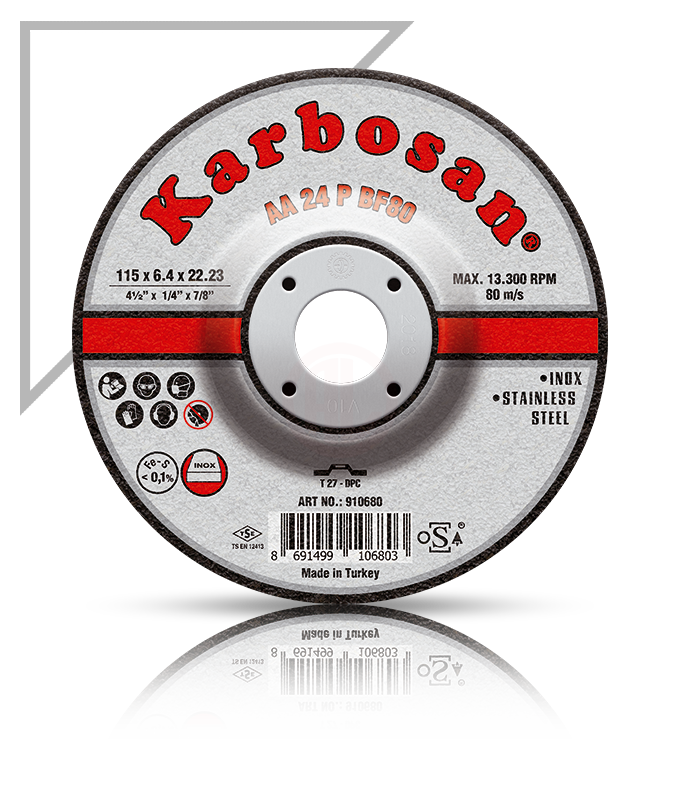 Karbosan Paslanmaz Çelik (Inox) Taşlama Disk T27 Bombeli 180x6,4x22,23 mm AA 24 P BF80 - KAR910700
