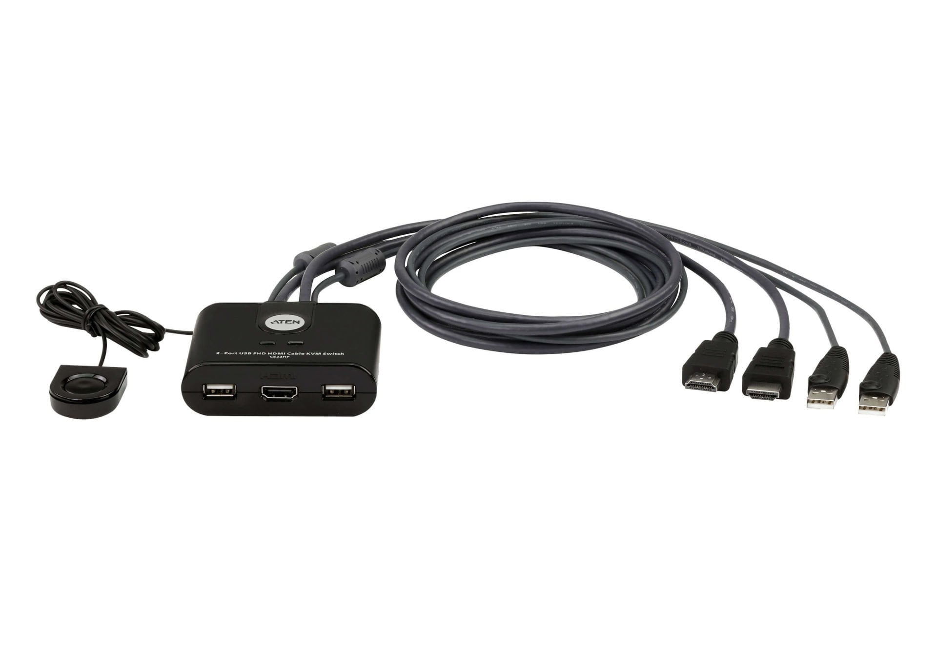Aten 2 Port Usb Fhd Hdmı Kvmp™ (Keyboard/Video Monitor/Mouse) Periferi Switch, Kvm Bağlantı Kablosu Ürüne Gömülüdür, Remote Port Selector İle Birlikte