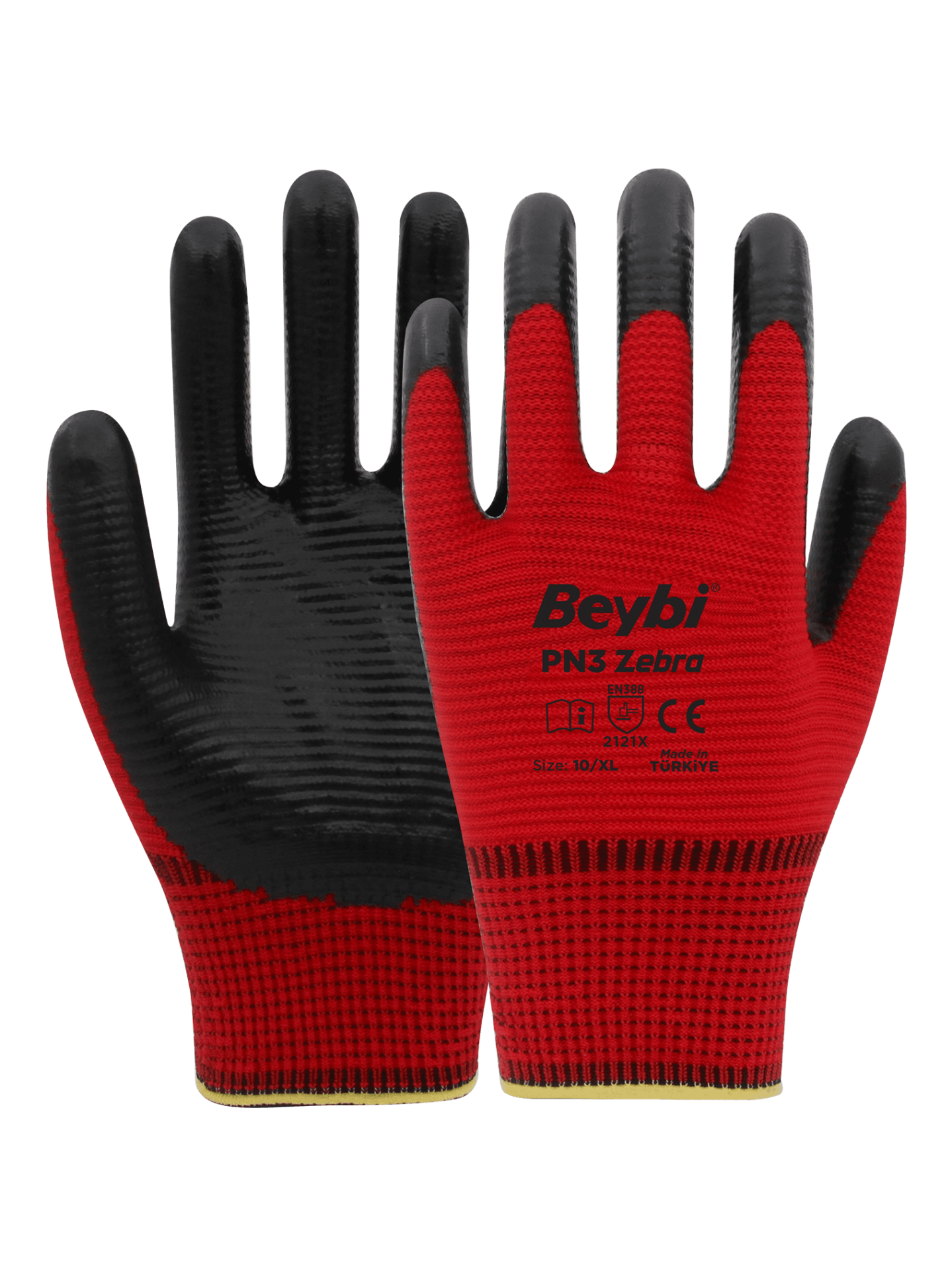 Beybi PN3 Zebra Polyester Örme Nitril Eldiven Kırmızı-Siyah No 10