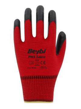 Beybi PN3 Zebra Polyester Örme Nitril Eldiven Kırmızı-Siyah No 10