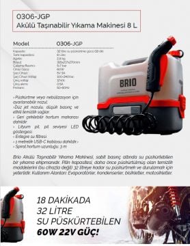 Brio AKÜLÜ TAŞINABİLİR YIKAMA MAKİNASI JETGUN PRO 8 L