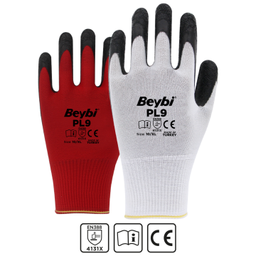 Beybi PL9 Desenli Lateks Kaplı Örgü Polyester Eldiven Kırmızı No 9