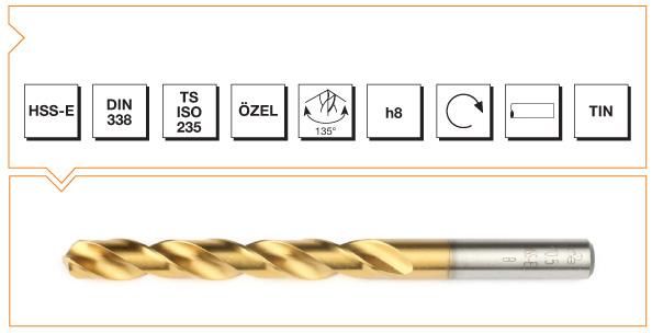 Makine Takım Silindirik Saplı Kısa Metal Matkap Ucu Hss-E Dın 338 Rn Tın Kaplamalı 12,0X151 Mm