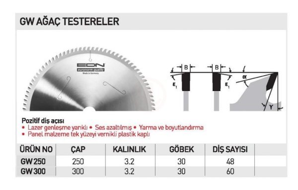 Edn GW 300 AĞAÇ TESTERE 300 MM 60 DİŞ - EDNGW30060