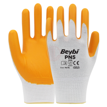 Beybi PN5 Polyester Örme Nitril Eldiven Sarı No 10
