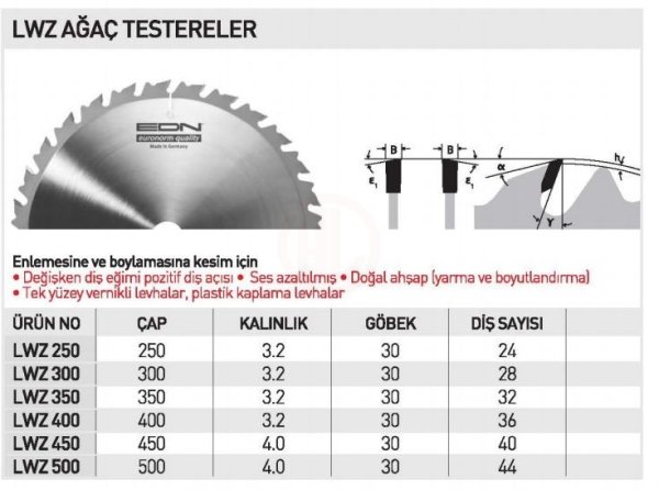 Edn LWZ 350 AĞAÇ TESTERE 350 MM 32 DİŞ - EDNLWZ35032