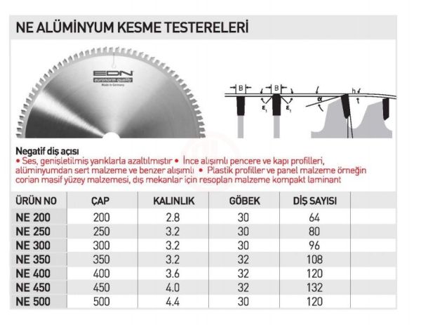 Edn NE 250 ALÜMİNYUM KESME TESTERE 250 MM 96 DİŞ - EDNNE25080AL