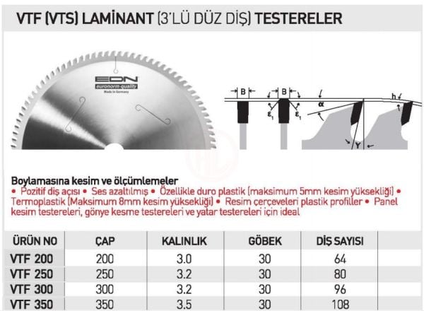 Edn VTF 200 LAMİNANT 3 LÜ DÜZ DİŞ TESTERE 200 MM - EDNVTF20064