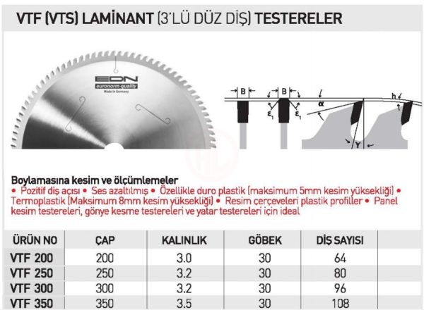Edn VTF 250 LAMİNANT 3 LÜ DÜZ DİŞ TESTERE 250 MM - EDNVTF25080