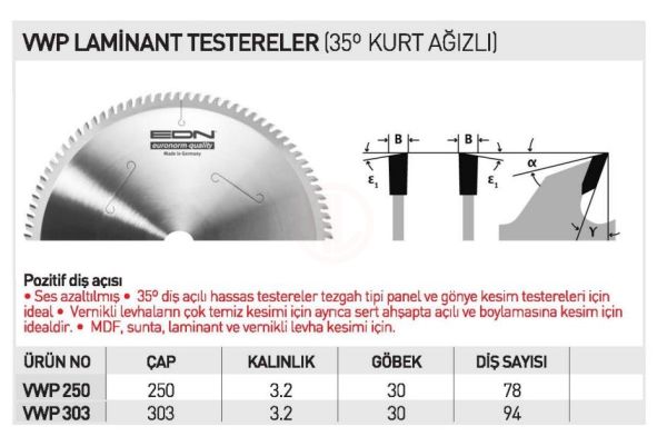 Edn VWP 250 LAMİNANT TESTERE KURT AĞIZLI 250 MM - EDNVWP25078