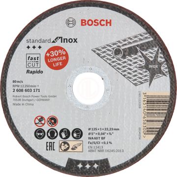 Bosch Kesme Diski Standard For Inox Düz Rapido 125x22,23x1,0 mm (WA 60 T BF) (1 Adet) - 2608603171