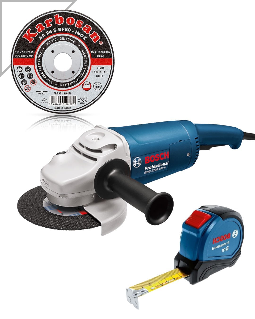 Bosch Büyük Taşlama Makinesi GWS 2200-180 H (180 mm) + Paslanmaz Çelik (Inox) İnce Kesme Disk + Bosch Profesyonel Autolock Şerit Metre 8 M