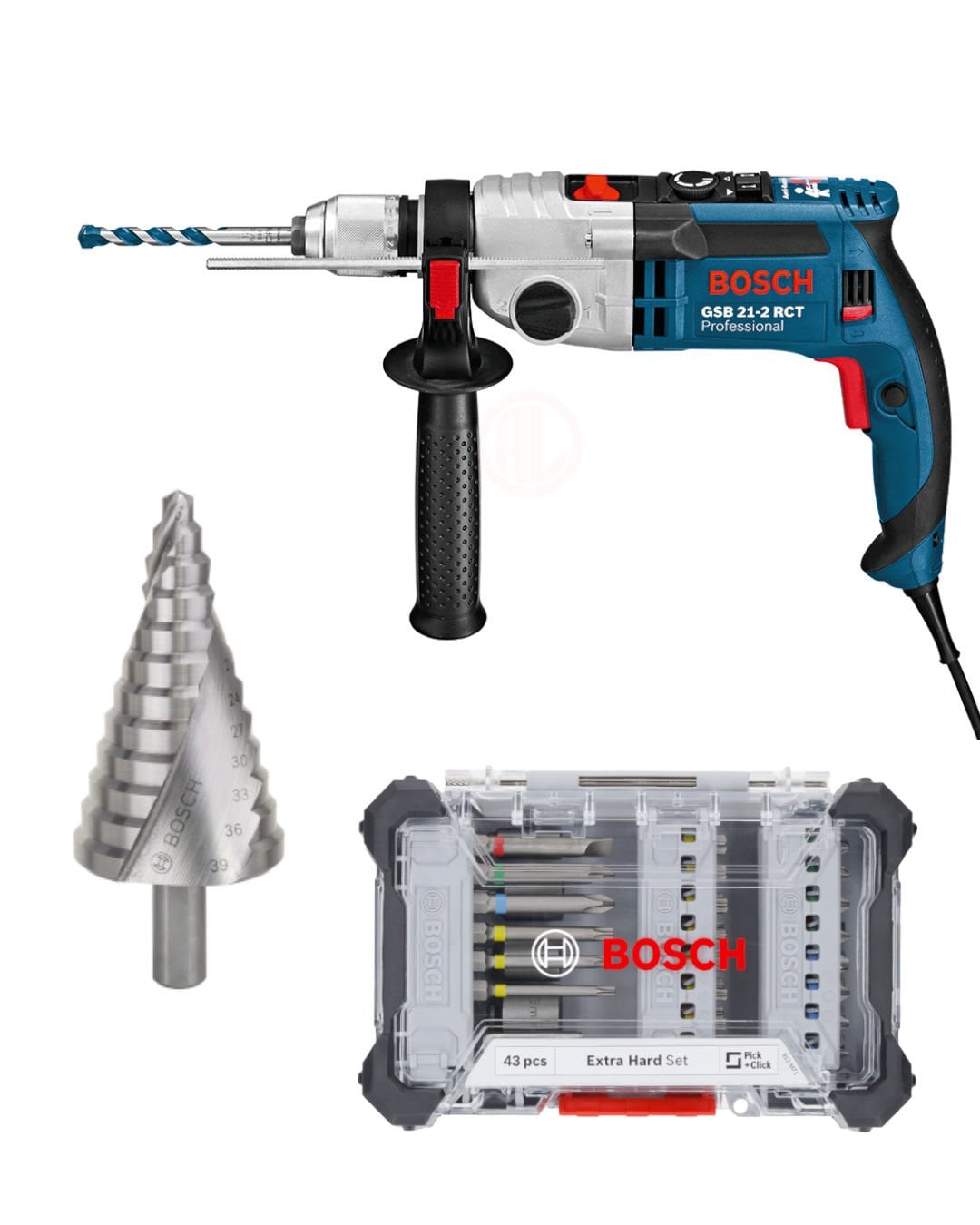Bosch Darbeli Vidalama Matkabı GSB 21-2 RCT + Bosch Spiral Kanallı HSS 12 Kademeli Matkap Ucu + Bosch Aksesuar Profesyonel Vidalama Ucu Seti 43 Parça