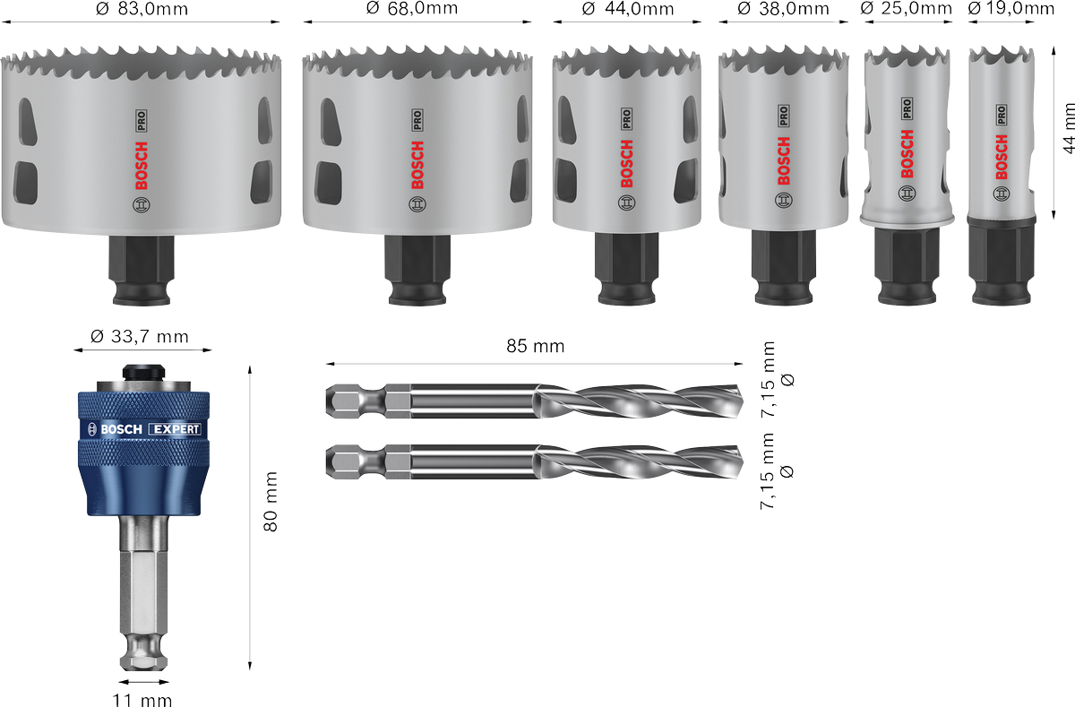 Bosch Aksesuar PRO Multi Material PC-Plus Delik Açma Testeresi Set 9 Parça (19-25-38-44-68-83 mm Çap / 44 mm Yükseklik)