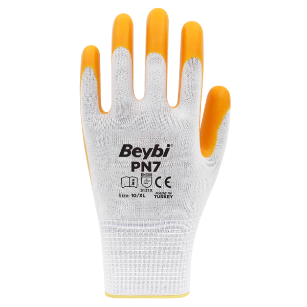 Beybi PN7 Yarı Nitril Kaplı Örgü Polyester Eldiven Sarı No 9