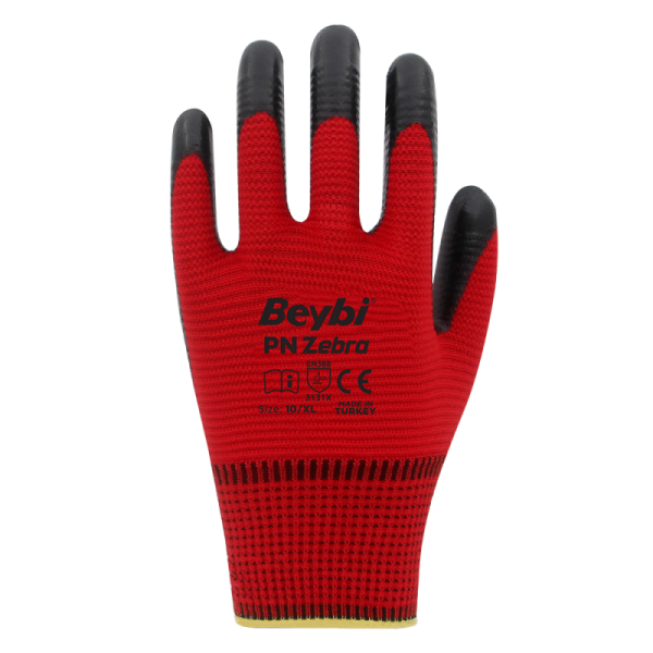 Beybi PN Zebra Yarı Nitril Kaplı Örgü Polyester Eldiven Siyah/Kırmızı No 10